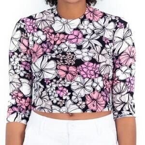 Tori Richard Lei Around Eris Fitted Floral 90s‎ Y2K Keyhole Crop Jersey Top